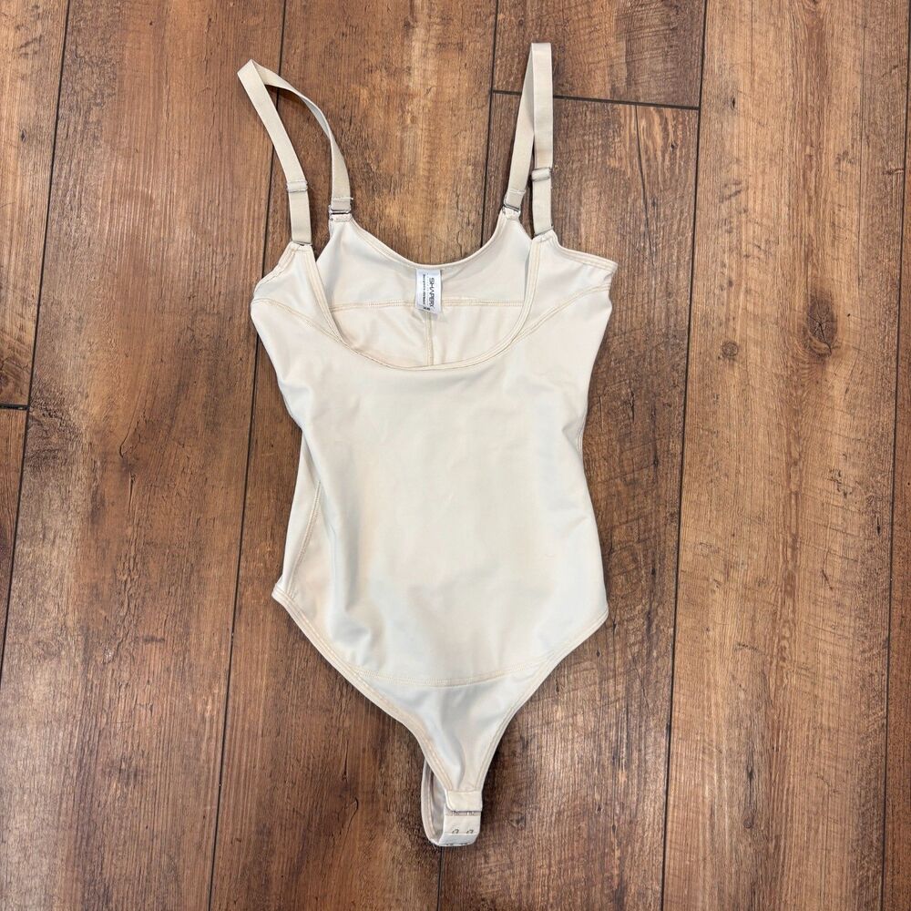 SHAPERX Seamless Open-Bust Tummy Control Thong Bodysuit Women's XS Beige $50 - Picture 3 of 12